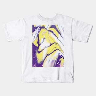 White, purple, yellow, acrylic pour. Kids T-Shirt